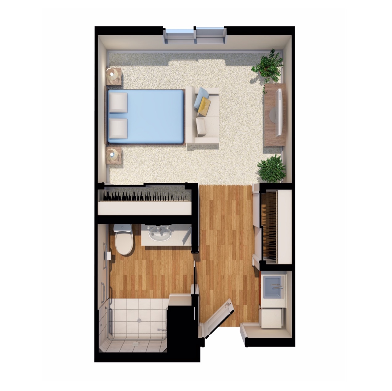Floor plan for an assisted living studio room at Aqua Ridge of Montclair.